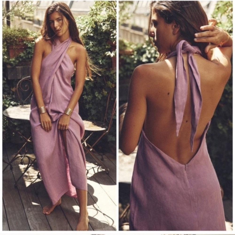 Zara 100% Linen Lavender Backless Maxi Dress